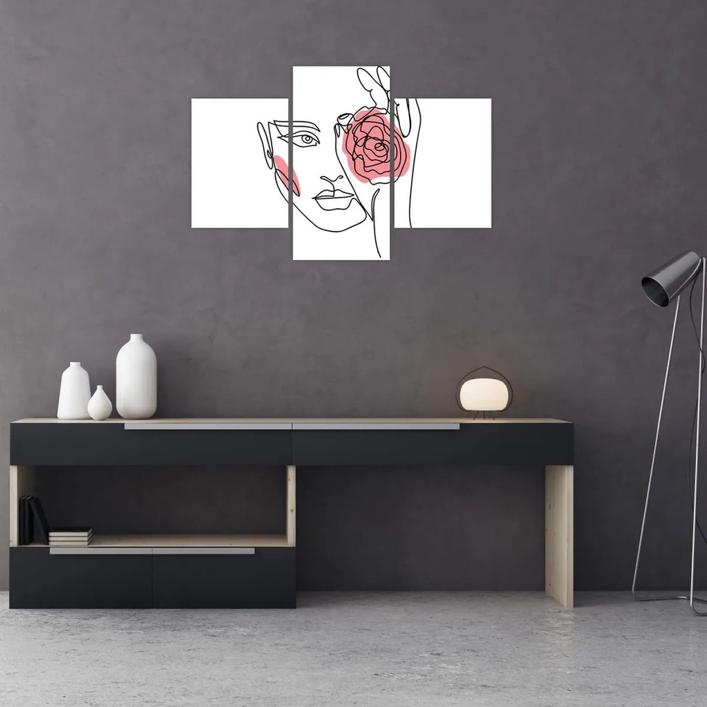 Obraz - Line art tvár s ružou (90x60 cm)