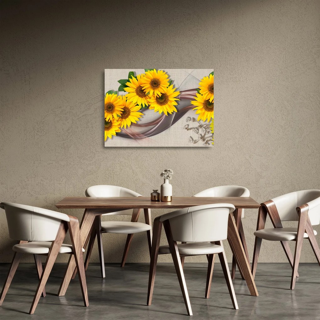 Sklenený obraz - Žiariace kvety slnečníc (70x50 cm)