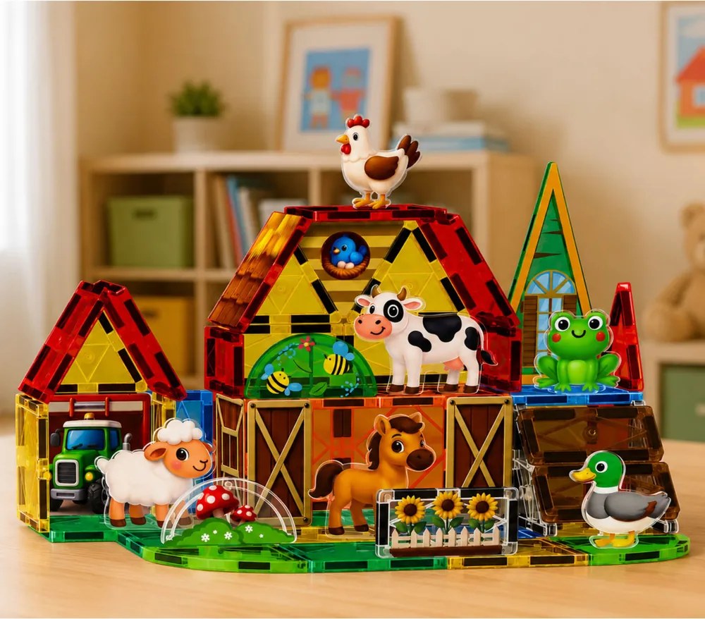 LEAN Toys Magnetické stavebné kocky – domáce a hospodárske zvieratá, farma, 54 ks.