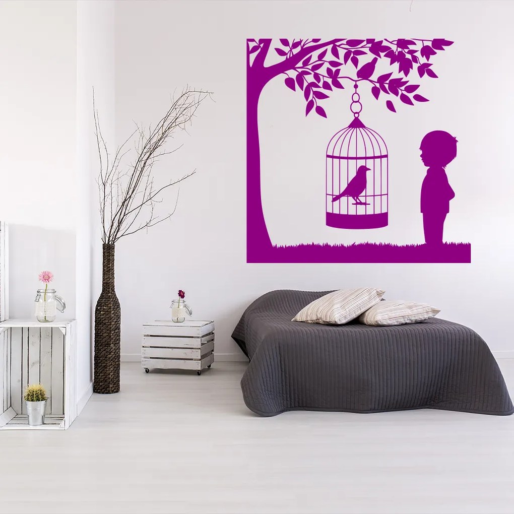 Veselá Stena Samolepka Vtáčik v klietke na strome Farba: ružová, Veľkosť: 40 x 40 cm