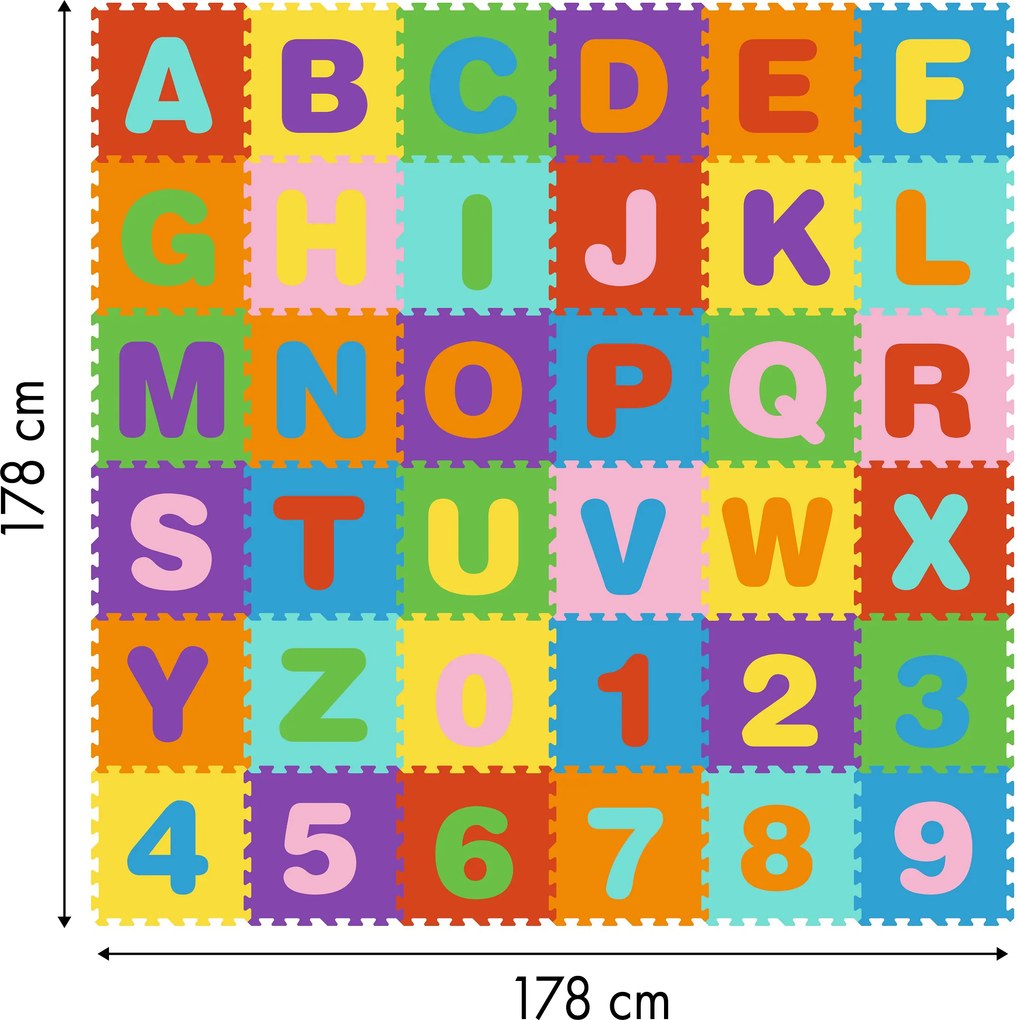 ECOTOYS Vzdelávacia EVA penová puzzle podložka 178×178 cm – 36 dielikov, písmená a čísla