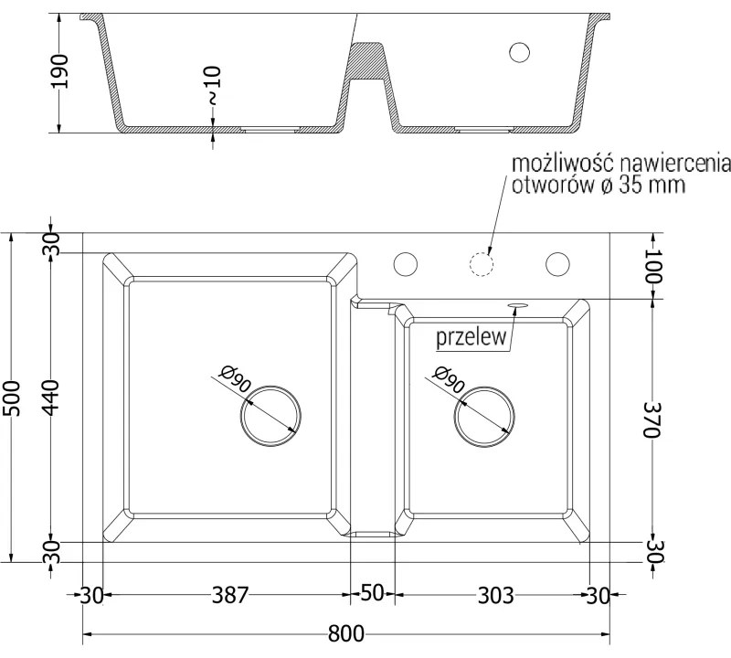 Mexen Tomas, granitový drez 800x500x190 mm, 2-komorový a čierna batéria Telma, čierna-strieborná metalíza, 6516-73-670200-70