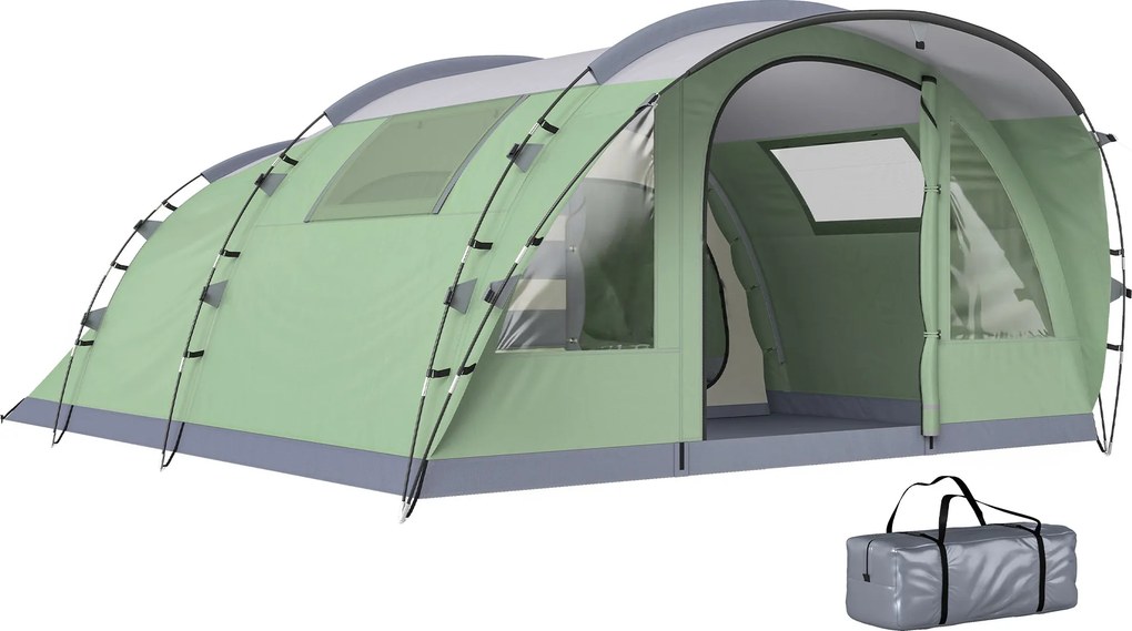 Outsunny tunelový stan pre rodinu 2–4 os. | 196 cm, 2 spálne, 3000 mm nepremokavosť — svetlozelený | Aosom