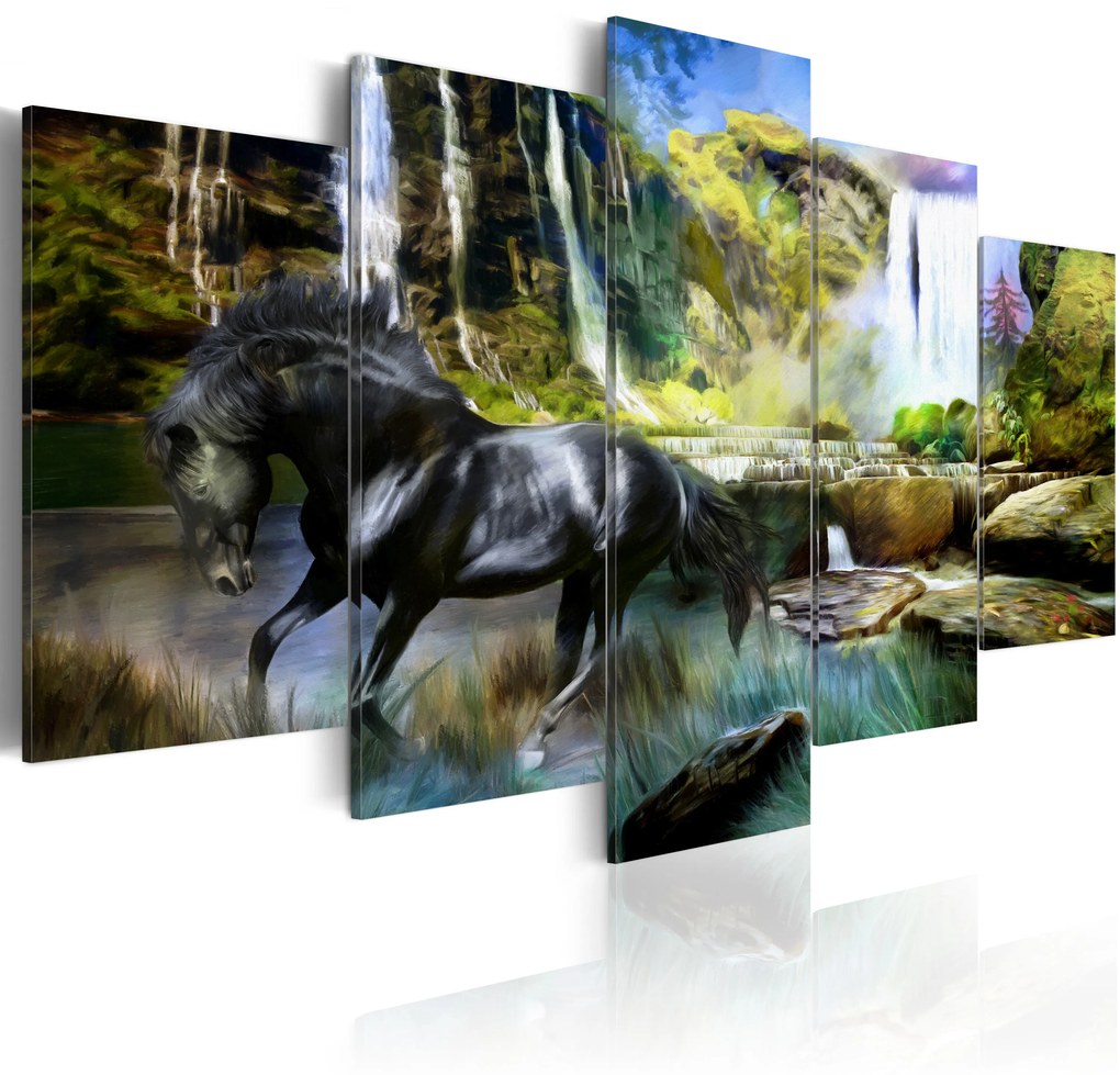 Artgeist Obraz - Black horse on the background of paradise waterfall Veľkosť: 225x112.5, Verzia: Premium Print