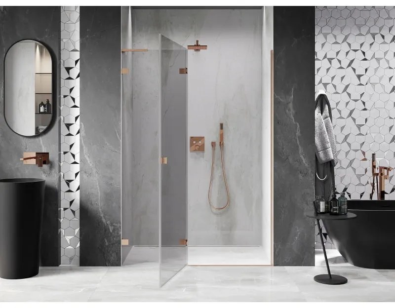 Mexen Lunar L, ľavé otočné sprchové dvere 140 cm, 8mm číre sklo, medený matný profil, 834L-140-000-65-00-L