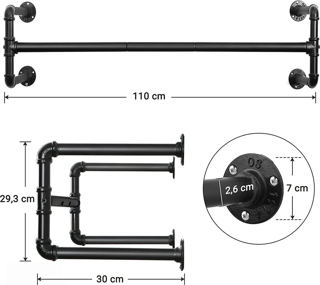 Nástenné vešiaky, sada 2 ks, industriálny dizajn, čierne