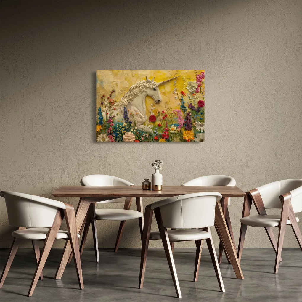 Obraz - Jednorožec s kvetinami (90x60 cm)