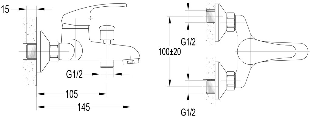 Aqualine, AQUALINE 35 Nástenná vaňová batéria, rozteč 100mm, chrómová, 52158