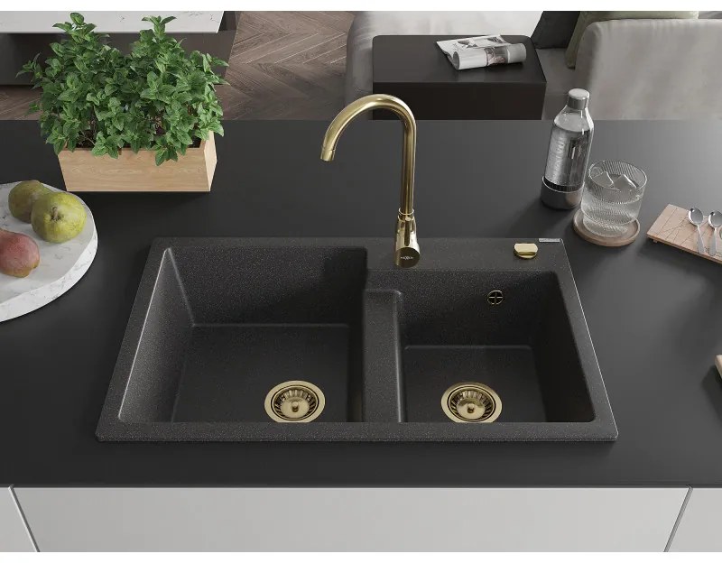 Mexen Tomas, granitový drez 800x500x190 mm, 2-komorový a zlatá batéria Telma, čierna škvrnitá, 6516-76-670200-50