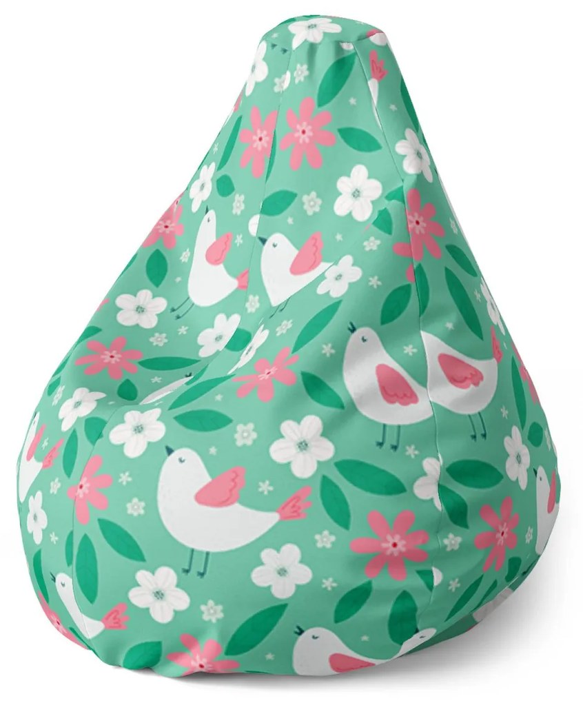 Sablio Sedací vak Pear Kvetiny a vtáčiky - 140 x 100 x 25 cm