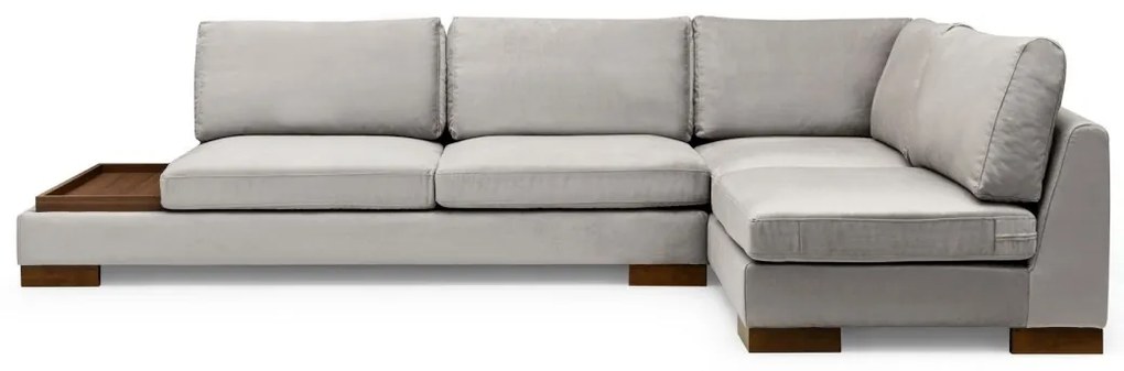 Rohová pohovka Tulip s odkladacím stolíkom a taburetom svetlosivá pravá