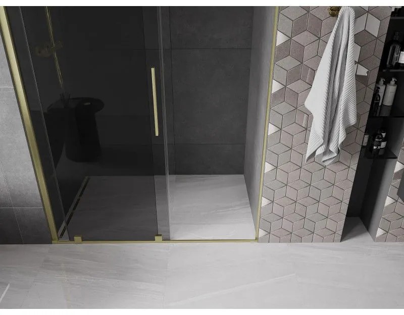 Mexen Velar, posuvné sprchové dvere do otvoru 130 cm, 8mm šedé sklo, zlatá matná, 871-130-000-41-55