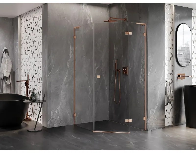 Mexen Lunar, L pravý výklopný päťuholníkový sprchový kút 80 x 100 cm, 8mm číre sklo, profil medená matná, 831L-080P-100L-65-00-P