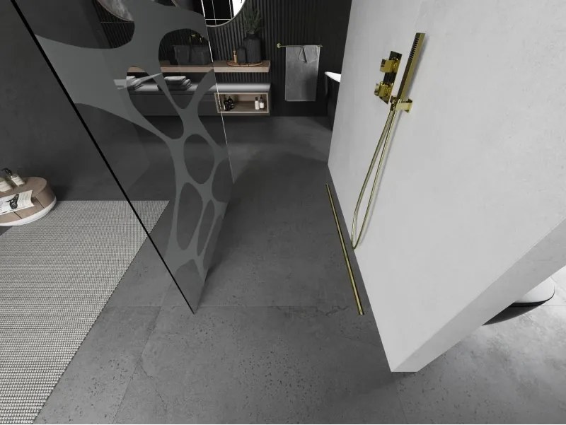 Mexen Kioto, sprchová zástena Walk-In 100 x 200 cm, 8mm číre sklo biely vzor, zlatý matný profil, 800-100-002-55-97