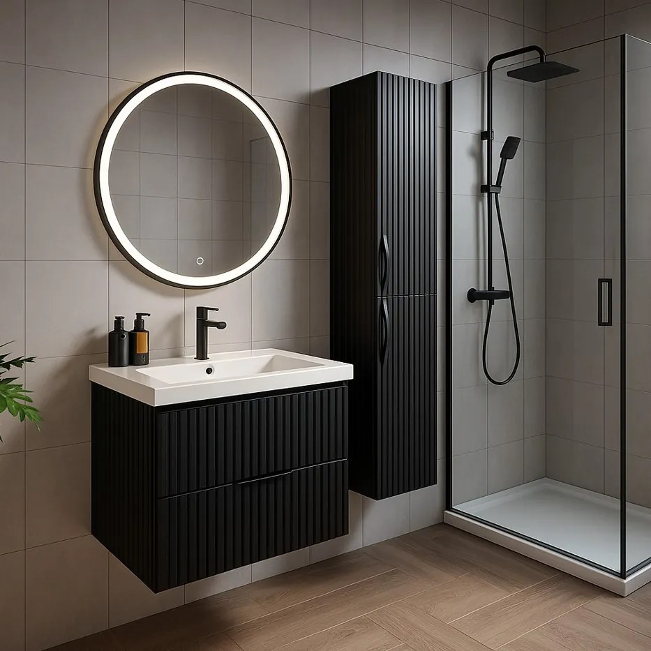 Erga Olivia, okrúhle LED zrkadlo 70cm, čierny kovový rám, 1610 lm, 6500K, predné osvetlenie, ERG-V01-202-7070-BK