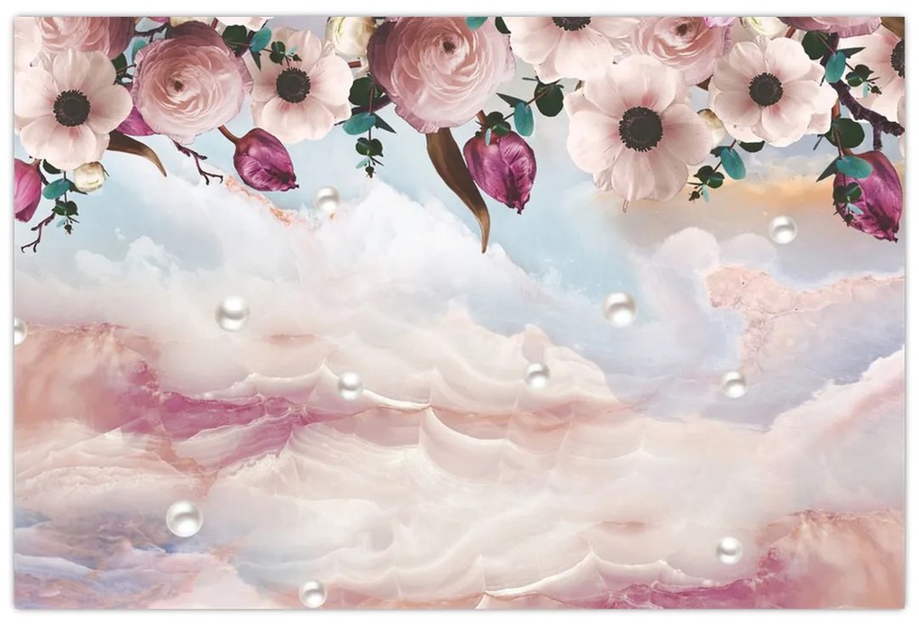 Obraz ružových kvetov s ružovým mramorom (90x60 cm)