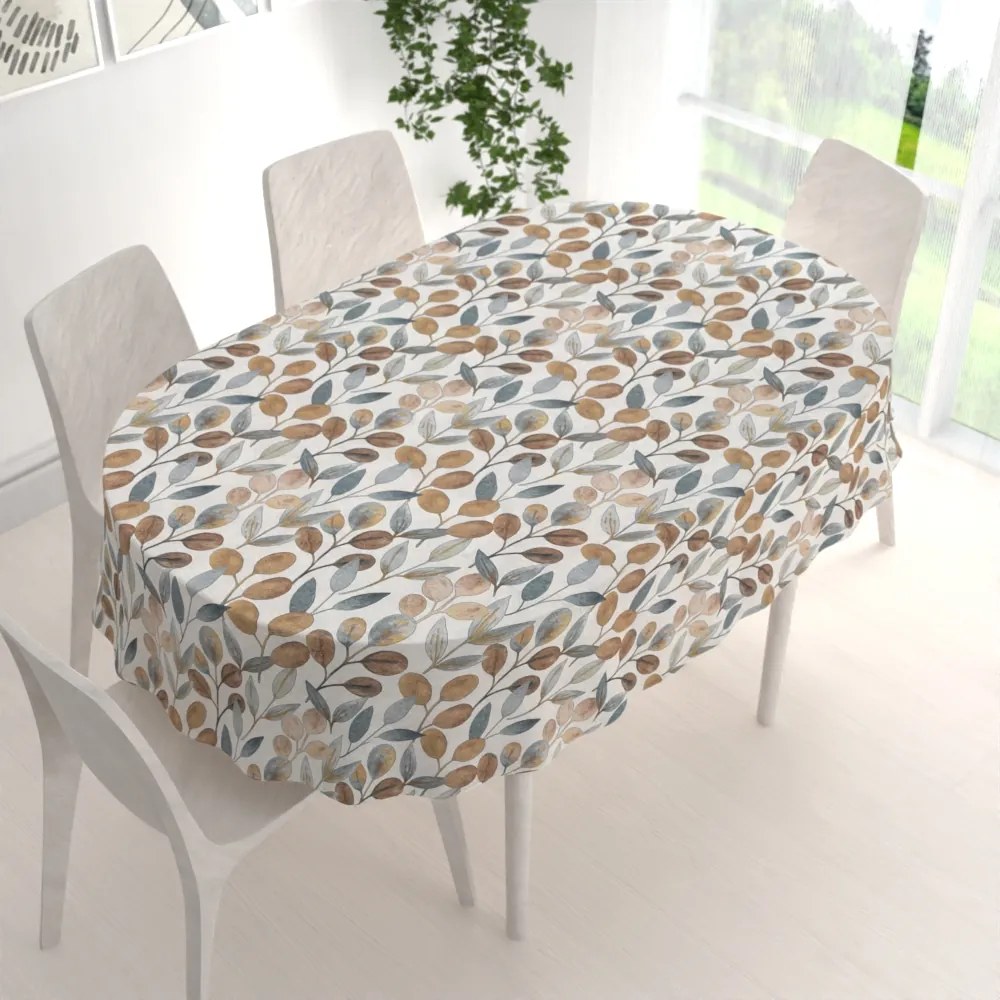 Biante Veľký dekoračný oválny obrus Porto PRT-009 Modro-hnedé listy na režnom 160x220 cm