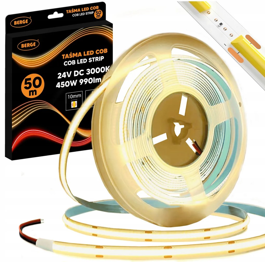 BERGE LED pásik COB Neon 24V - 480D - 9W/m - IP20 - 50m - 990lm - teplá farba