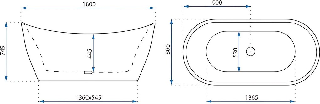 Voľne stojaca akrylátová vaňa REA FERRANO SLIM 180x80 cm biela, sifón Click-Clack - čierny