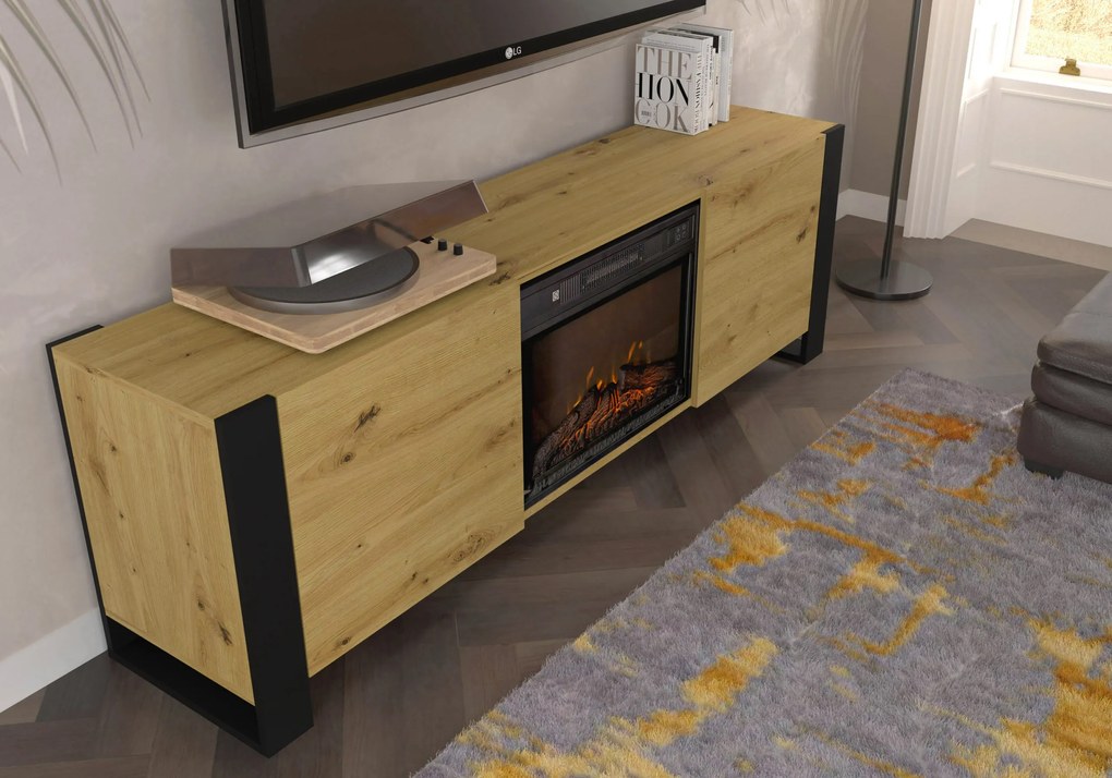 TV skrinka/stolík s krbom Montana (dub artisan + čierna). Akcia -20%. Vlastná spoľahlivá doprava až k Vám domov. 1124958