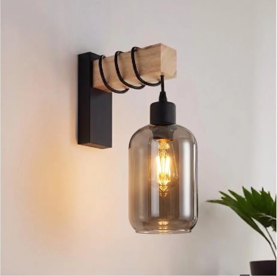 Brilagi - Nástenné svietidlo WOOD GLASS 1xE27/60W/230V borovica/čierna/dymová sivá