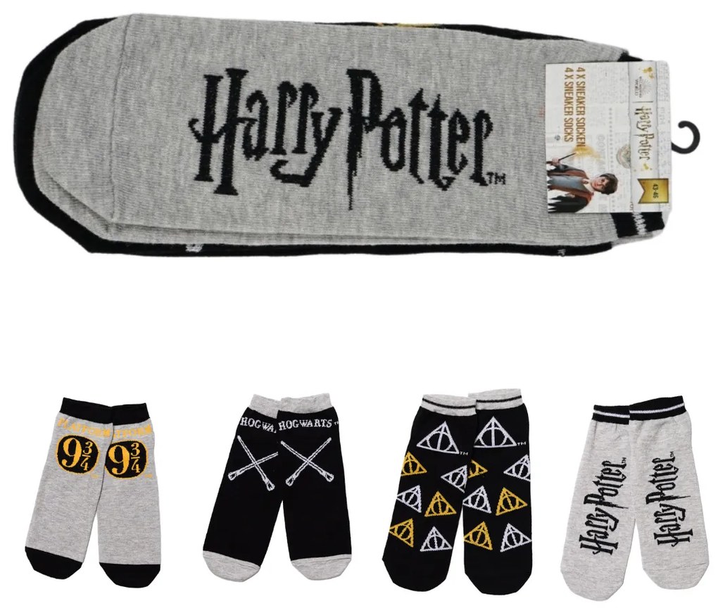 Ponožky HARRY POTTER šedo-čierne, 4 páry - rôzne veľkosti Veľkosť: 43 - 46