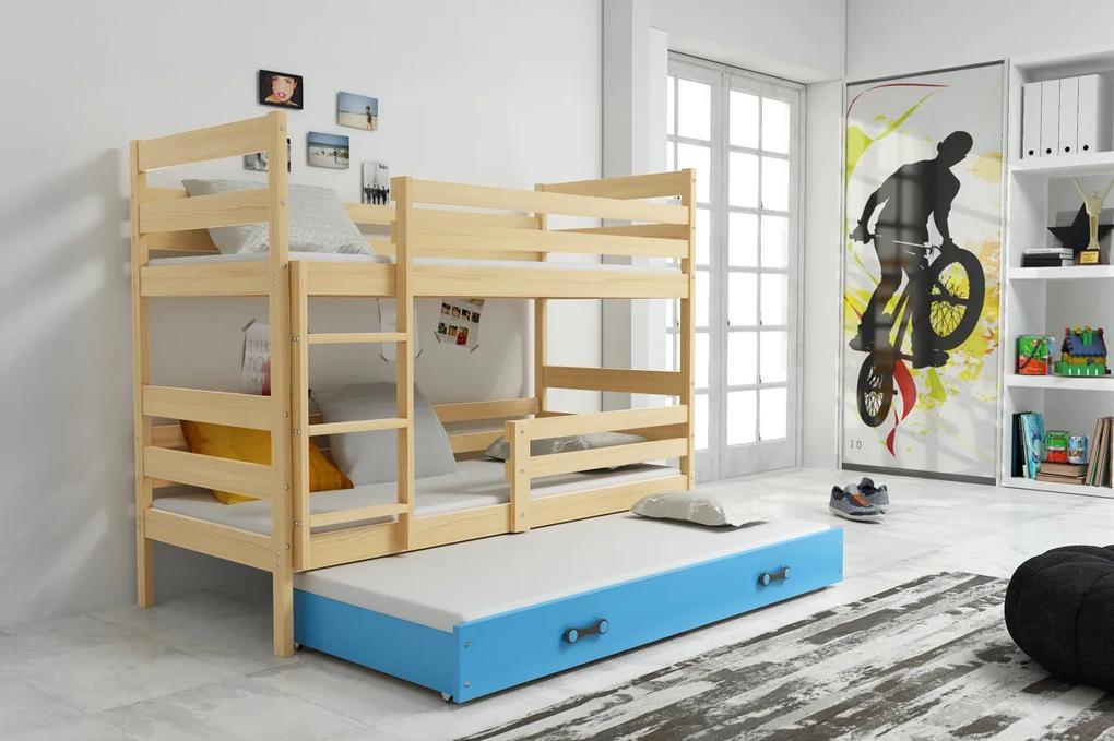 Poschodová posteľ s prístelkou ERIK 3 - 200x90cm Borovica - Modrá