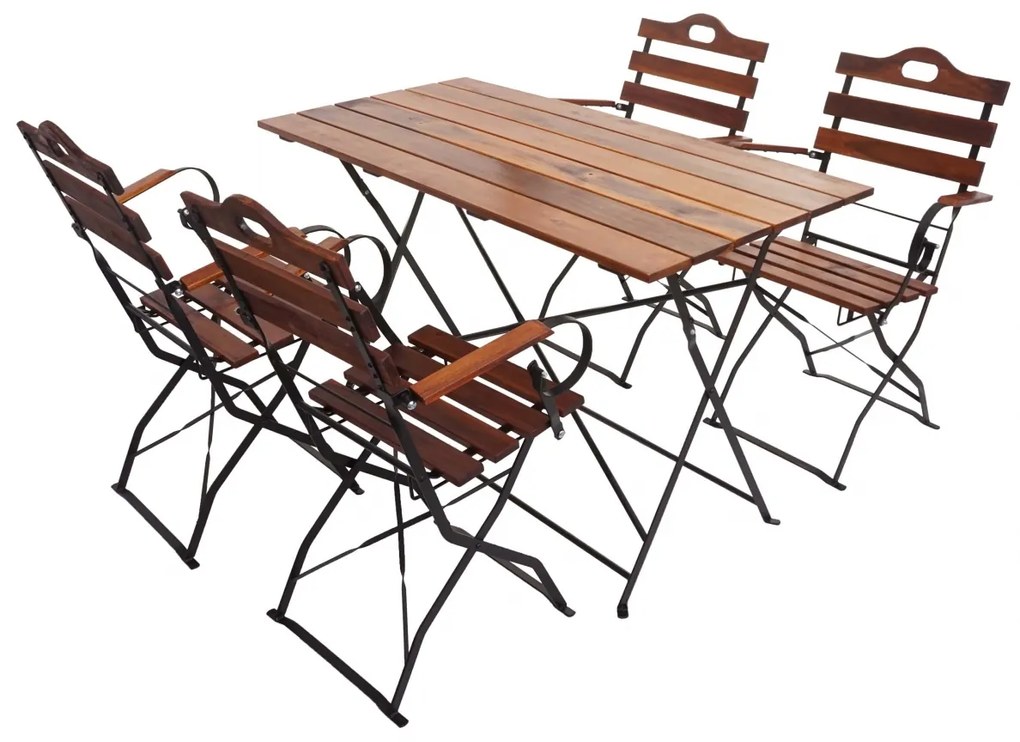 Záhradná súprava 4 skladacích stoličiek a stola HWC-J40, drevo / kov - hnedá