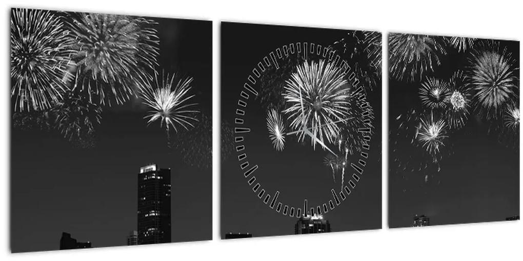 Obraz - Ohňostroj v Miami, čiernobiela (s hodinami) (90x30 cm)