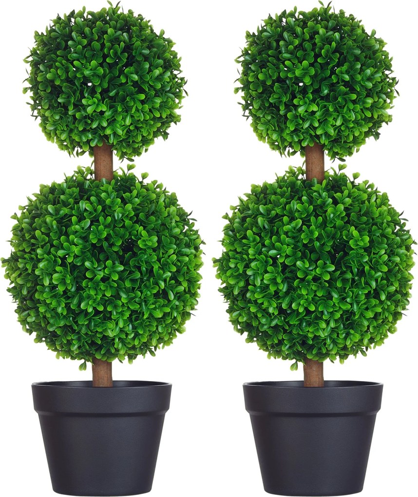 HOMCOM 2-Pack Veľký Umelý Buxusový Strom 60 cm, UV Odolná Umelá Rastlina, Plastové Umelé Rastliny v Kvetináči, Umelý Strom, Vyzerá Skutočne pre Obývač