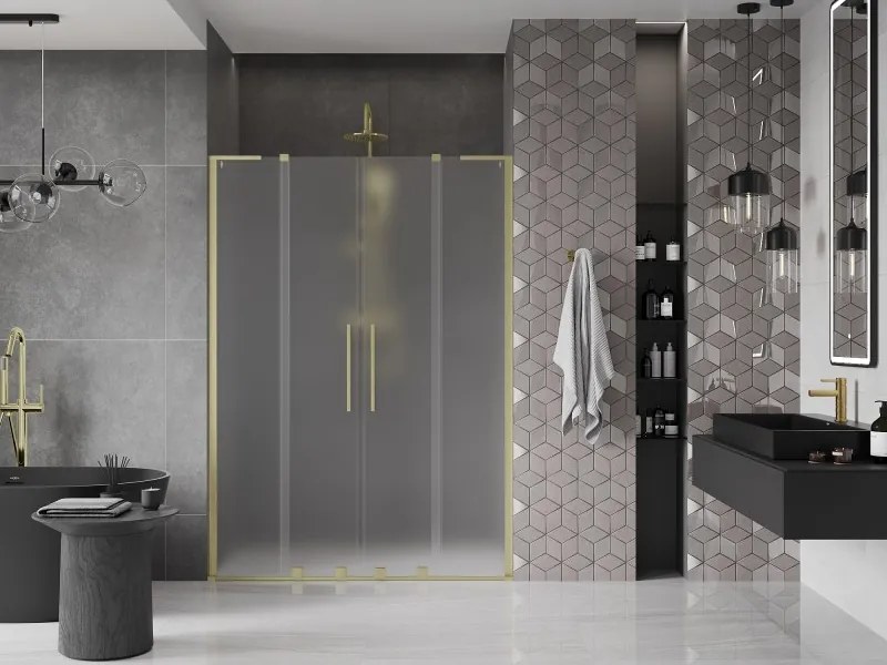 Mexen Velar L Duo, posuvné sprchové dvere do otvoru 150 cm, 8mm sklo námraza, zlatá matná, 871-150-003-32-55