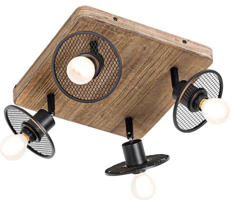 Priemyselné stropné bodové svetlo čierne s drevom 4-svetlo - Jasmine