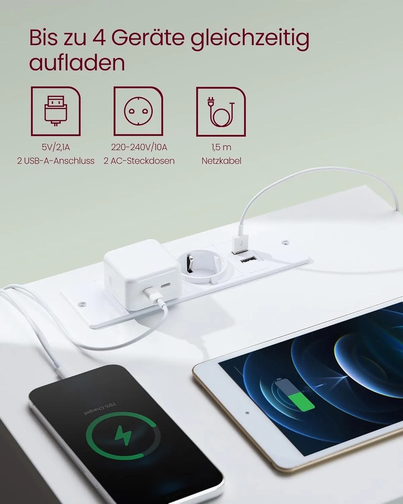 Nočná skrinka s integrovanou zásuvkou, 2 ks set, oblá biela