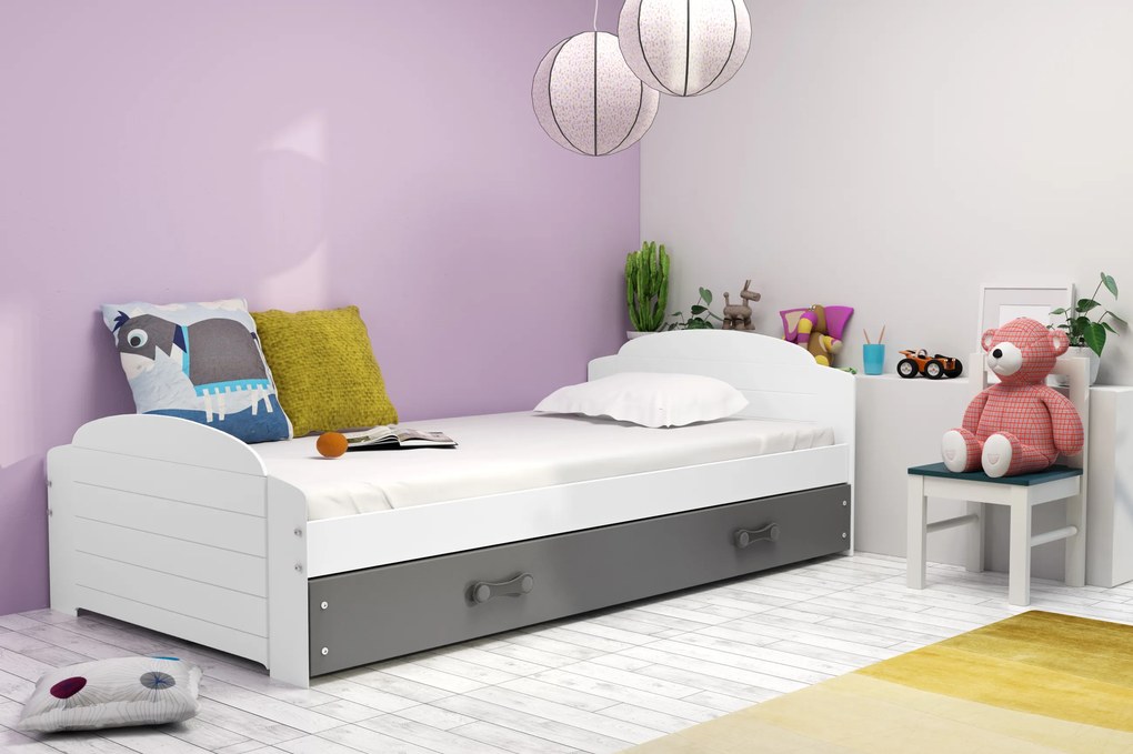 Interbeds Jednolôžková posteľ Lili2 biela pre teenagerov 200x90 s matracom a šuplíkom - grafitová