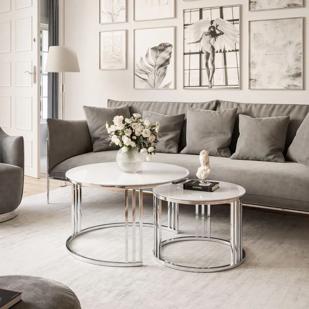 OKRÚHLY KONFERENČNÝ STOLÍK 2v1 LEONARDO 2 CHRÓM + BIELE SKLO