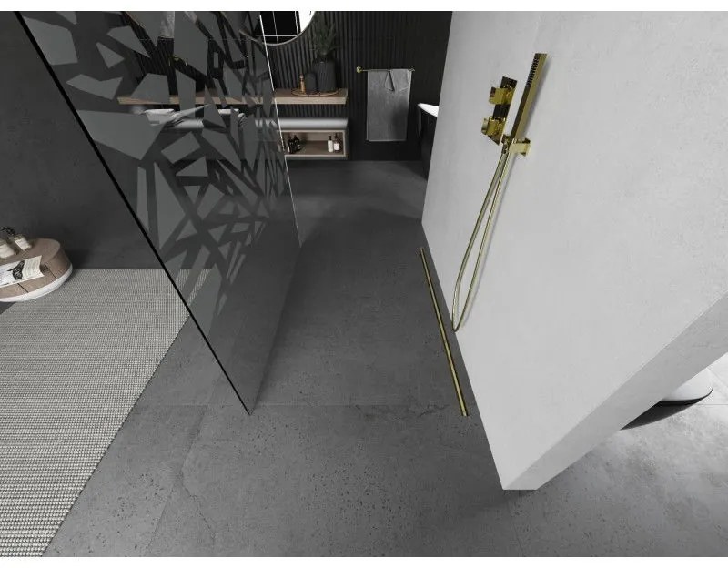Mexen Kioto, sprchová zástena Walk-In 140 x 200 cm, 8mm číre sklo biely vzor, zlatý matný profil, 800-140-002-55-85
