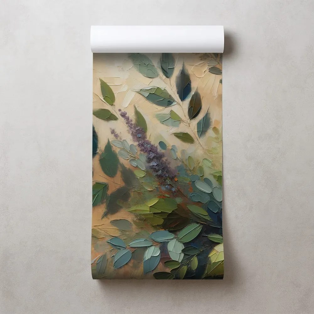 Tapeta maľované zelené listy na béžovom pozadí