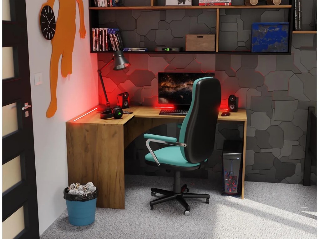 Rohový LED PC stolík Uhlominn (craft zlatý). Akcia -21%. Vlastná spoľahlivá doprava až k Vám domov. 1092074
