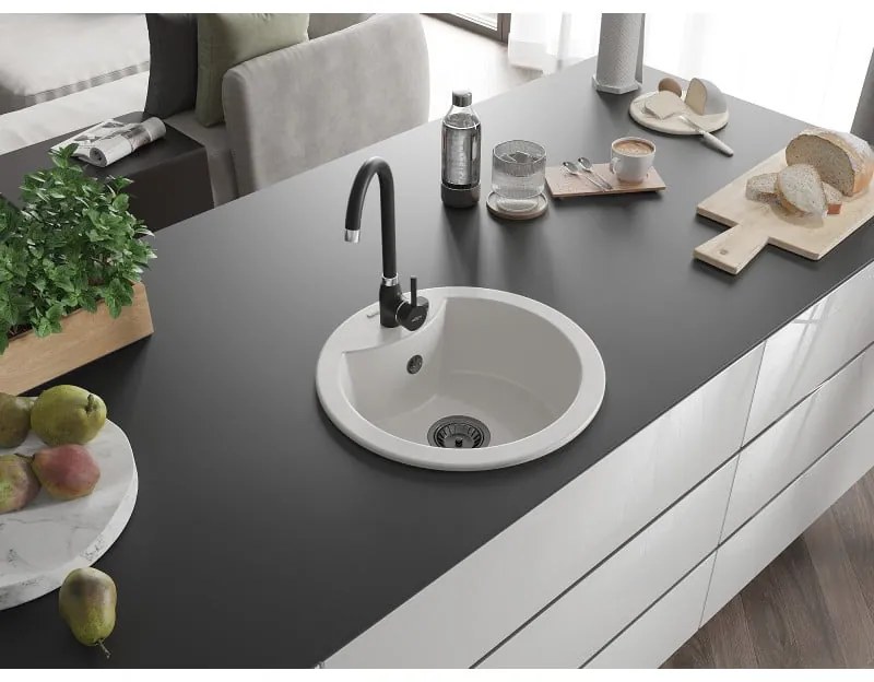 Mexen Diego, 1-komorový granitový drez 488x488x167 mm, čierny sifón, čierna matná batéria Telma, biela, 6512-20-670200-70