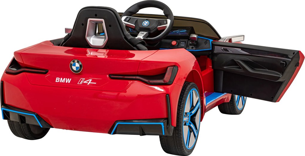 Ramiz Elektrické autíčko BMW i4 pre deti červené + diaľkové ovládanie + EVA + ekokoža + LED audio + pomalý štart