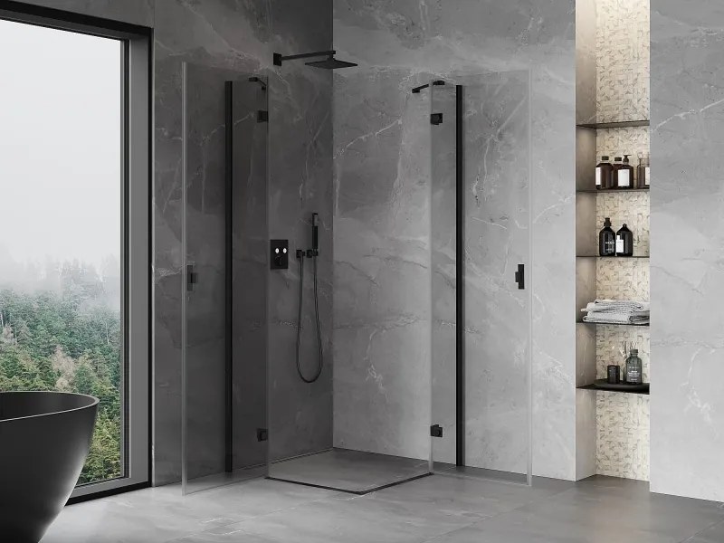Mexen Mist-H Duo, 2-krídlový výklopný sprchový kút 110 x 110 cm, číre sklo, čierny profil, 8A5-110L-110P-70-00