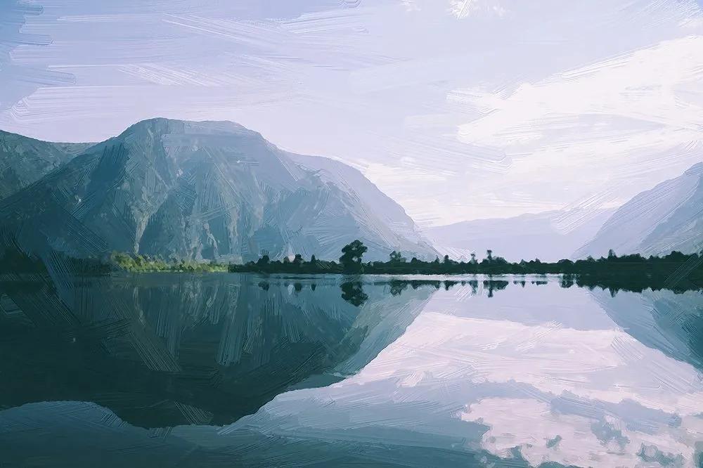 Samolepiaca tapeta maľovaná scenéria horského jazera - 300x200