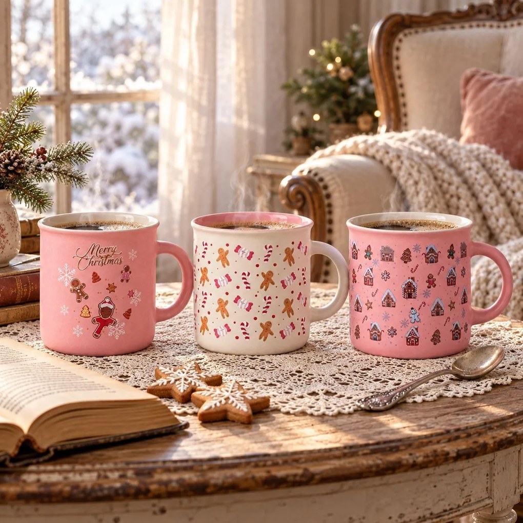 Keramický ružový hrnček Merry Christmas Clayre & Eef - 10 * 9 * 7 cm / 380ml