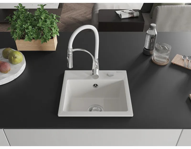Mexen Milo, 1-komorový granitový drez 435x410x171 mm a drezová batéria Aster, biela, 6505-20-73450-02