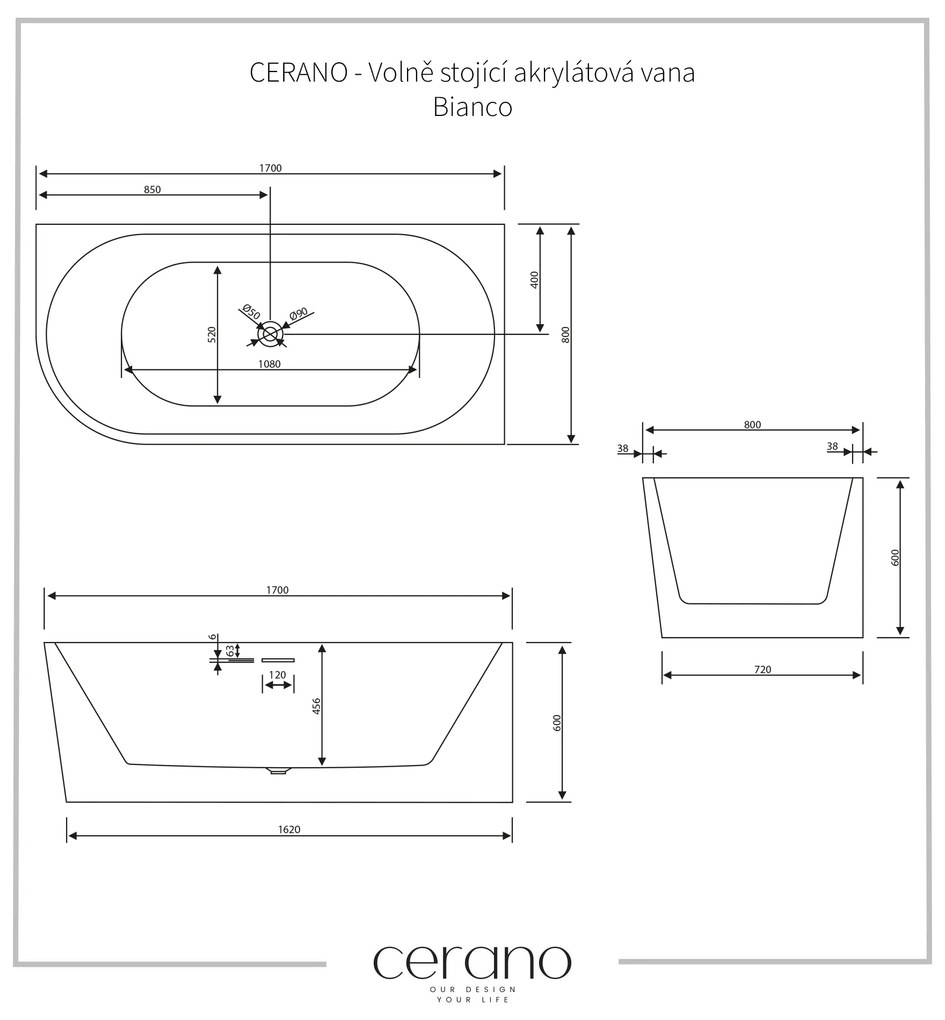 Cerano Bianco, akrylátová voľne stojaca akrylátová vaňa 170x80 cm, pravá, biela, CER-CER-413603
