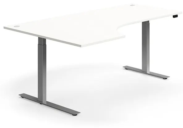 Výškovo nastaviteľný stôl FLEXUS, rohový, 2000x1200 mm, strieborný rám, biela