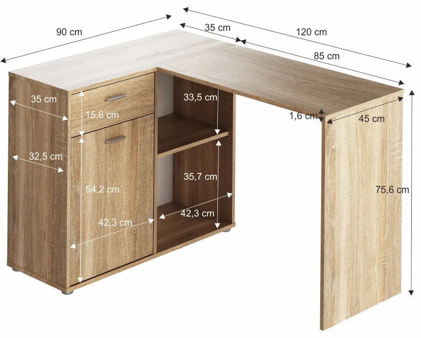 Rohový PC stolík Kalimoro (dub sonoma). Vlastná spoľahlivá doprava až k Vám domov. 1016194