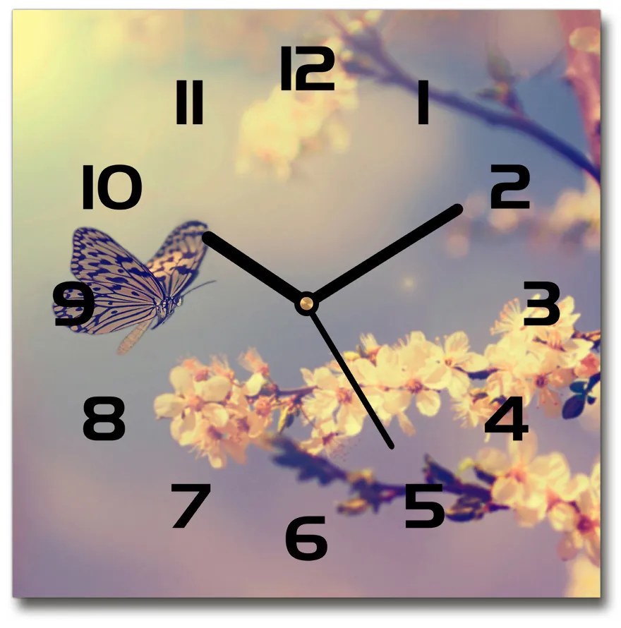 Sklenené hodiny štvorec Kvet višne a motýľ pl_zsk_30x30_c-f_72331211