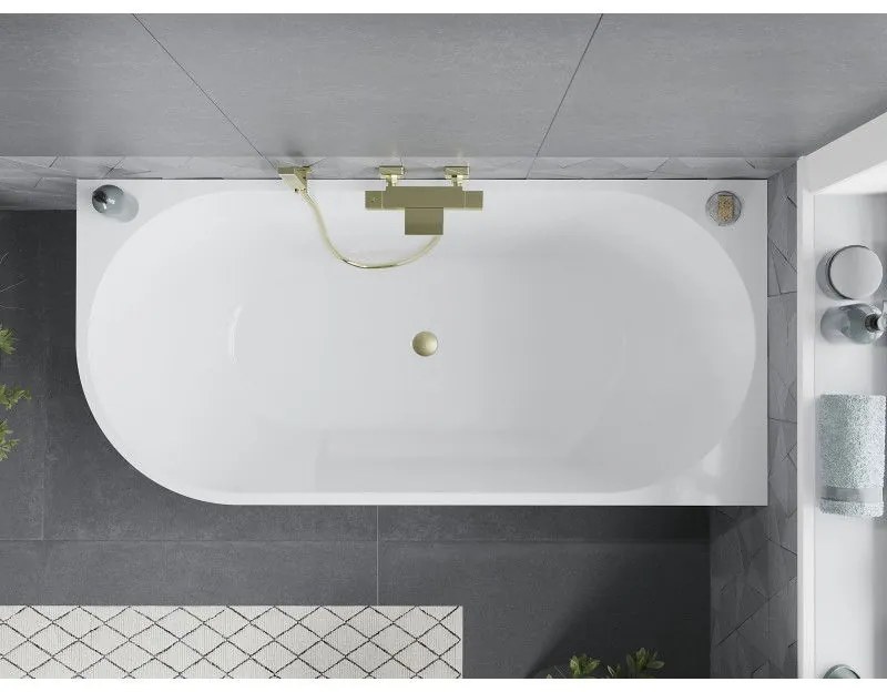 Mexen Mia, voľne stojaca rohová vaňa, pravá, 180 x 80 cm, biela-čierna, zlatý matný prepad, 52691808075P-55