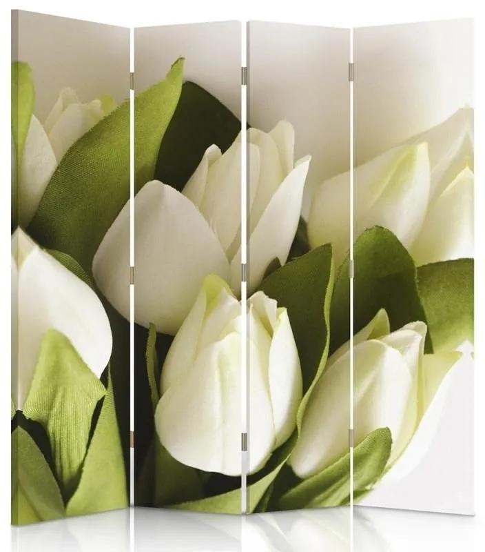 Ozdobný paraván Bílé tulipány květy - 145x170 cm, štvordielny, klasický paraván
